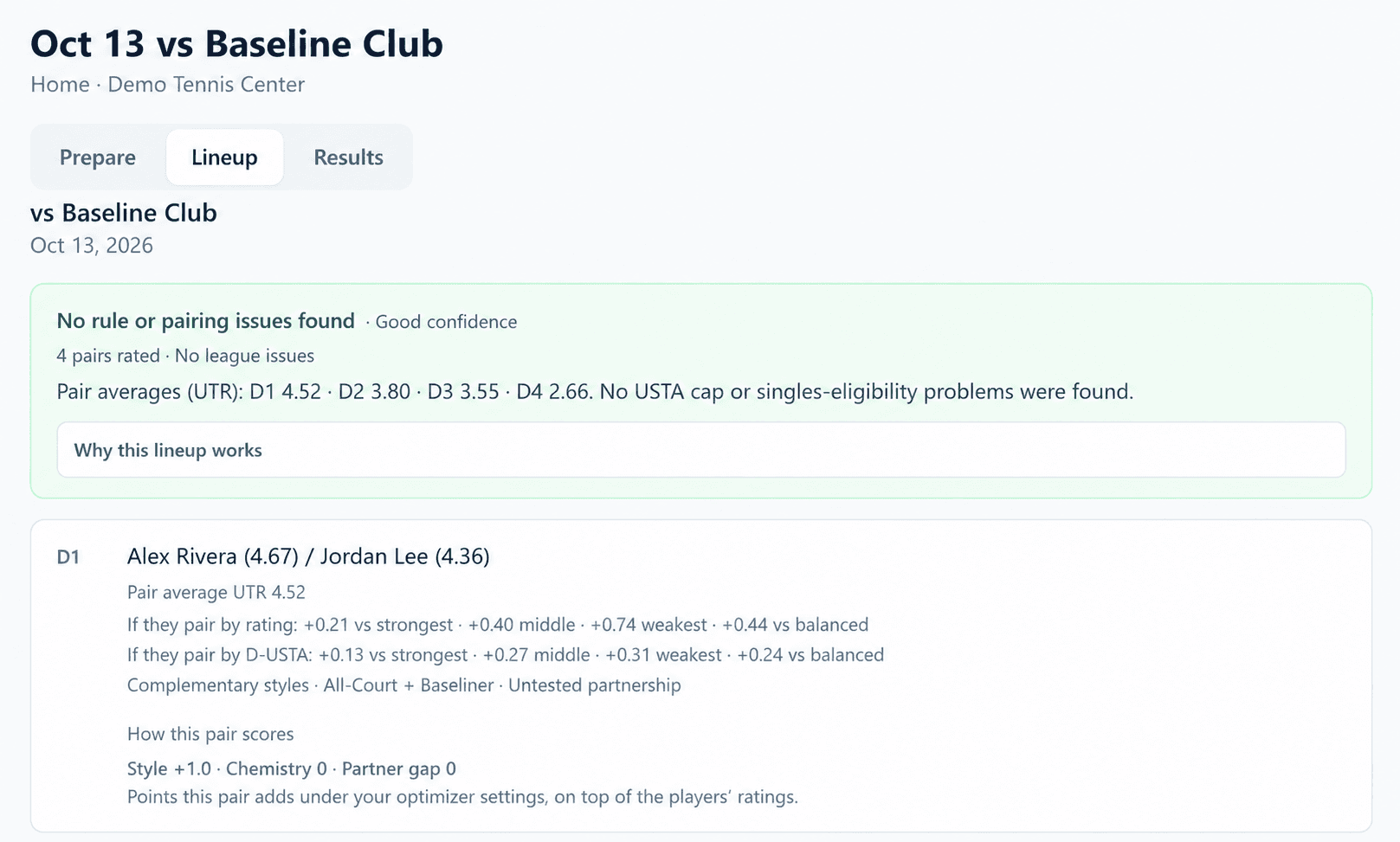 Court Chemist Matchday lineup showing fictional court assignments, opponent scenarios, confidence, and plain-language reasoning